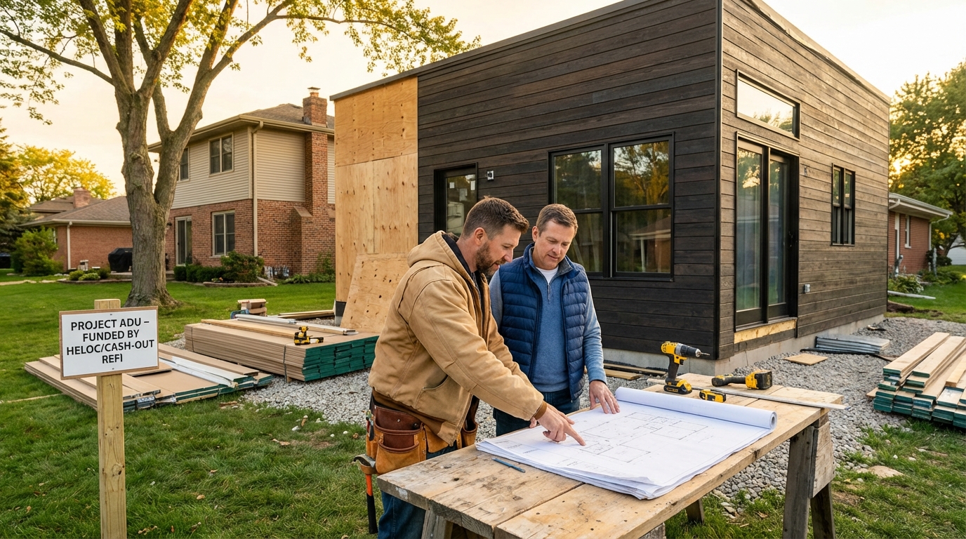 Contractor and homeowner review blueprints at a modern cedar ADU construction site in a lush suburban backyard.